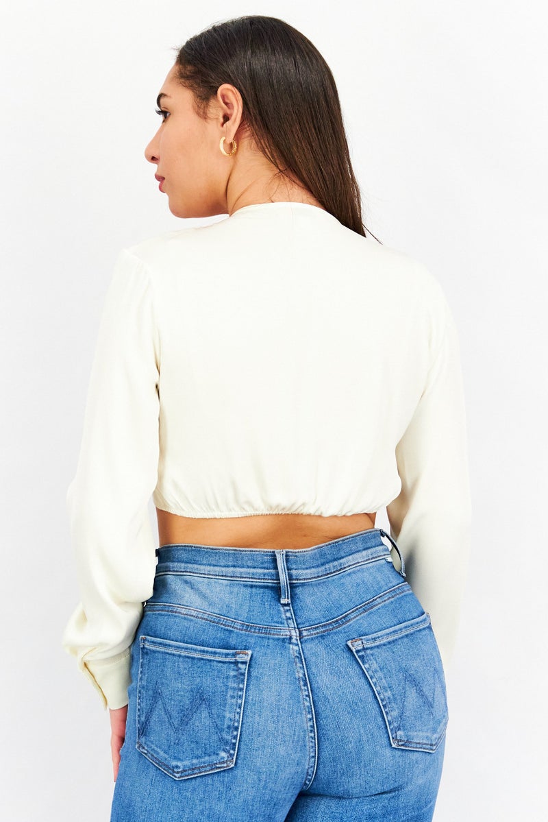 ARIA Women V Neck Long Sleeve Plain Crop Top, Cream - Image 2